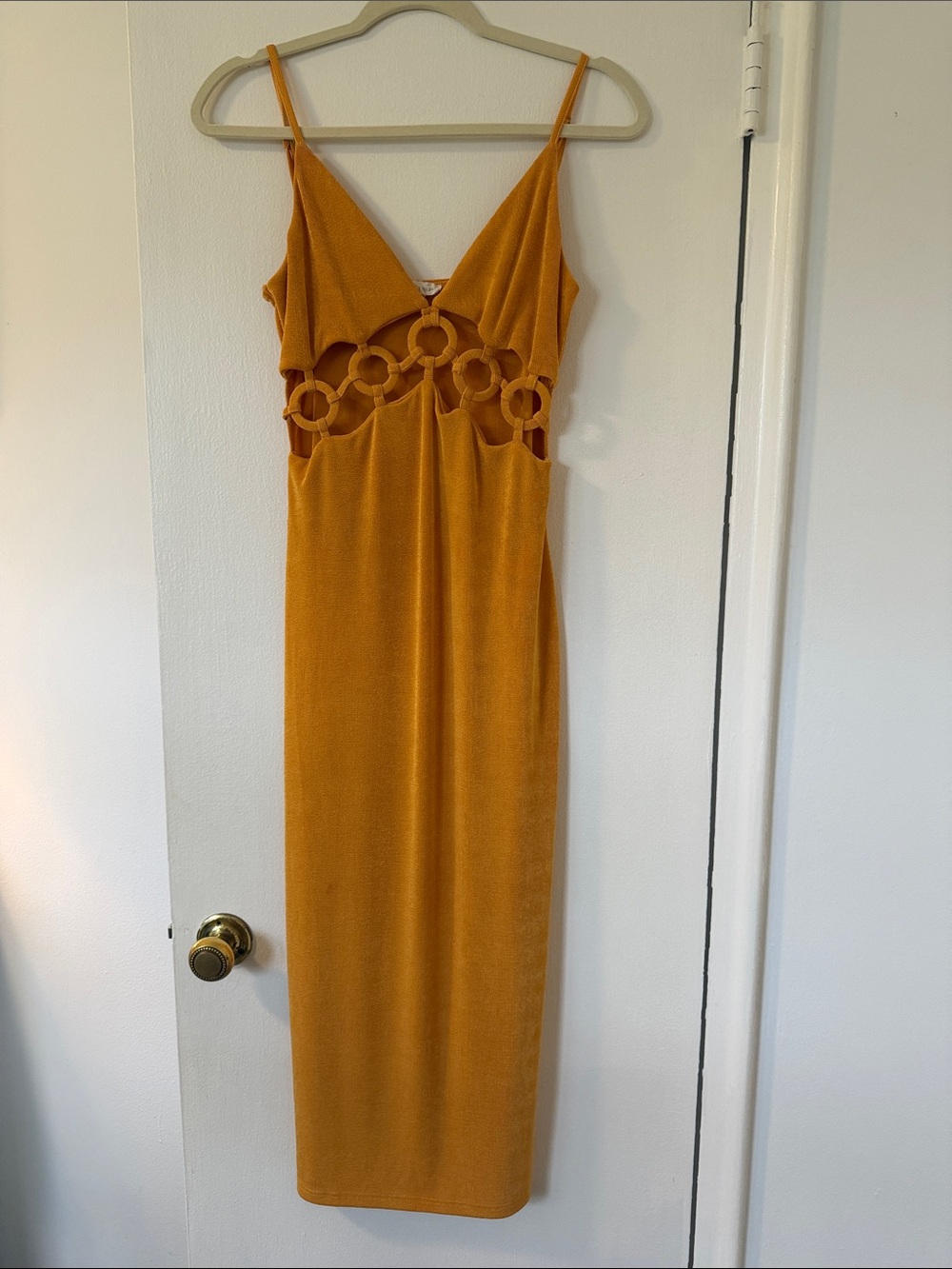 Spaghetti-Strap Midi Dress with Ring Cutout Detail in Mustard